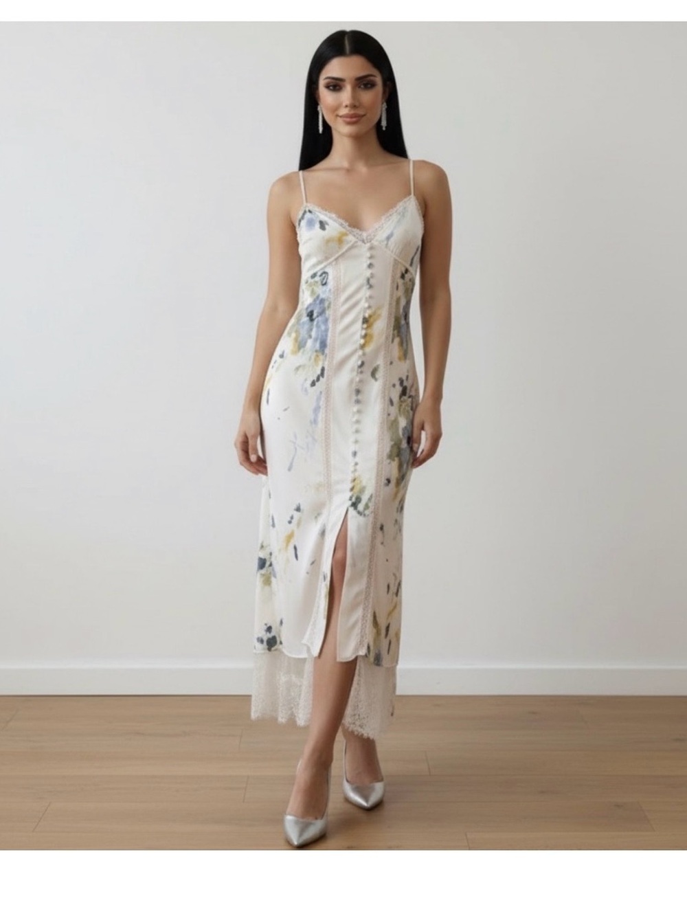 Anthropologie Floral Lace-Trim Slip Dress in Ivory